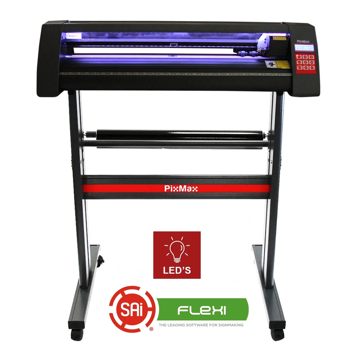 Vinyl cutter with a sleek black design, 720mm width, LED light guide, and FlexiStarter software for precise cutting and signmaking
