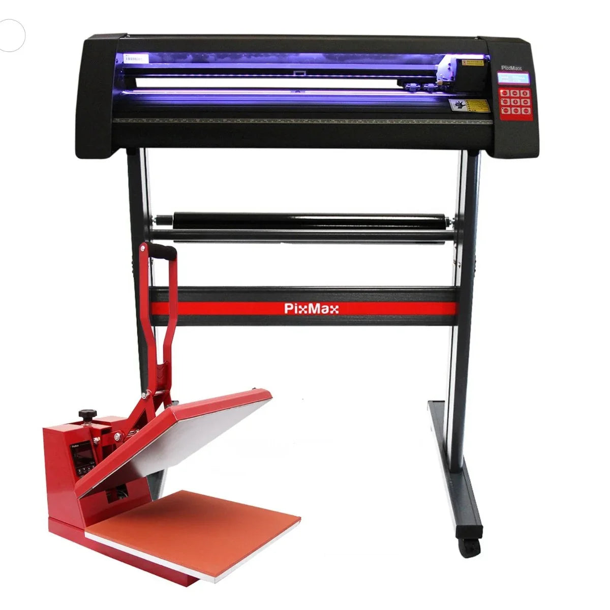 Vinyl cutter with LED display, 38cm clam press in red, and SignCut software, ideal for precise cutting and heat transfer projects