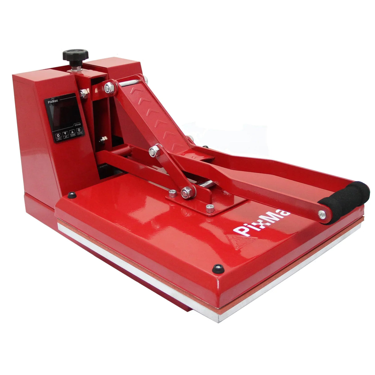 Red vinyl cutter clam press with a sturdy base, adjustable handle, and digital control panel for precise heat transfer applications