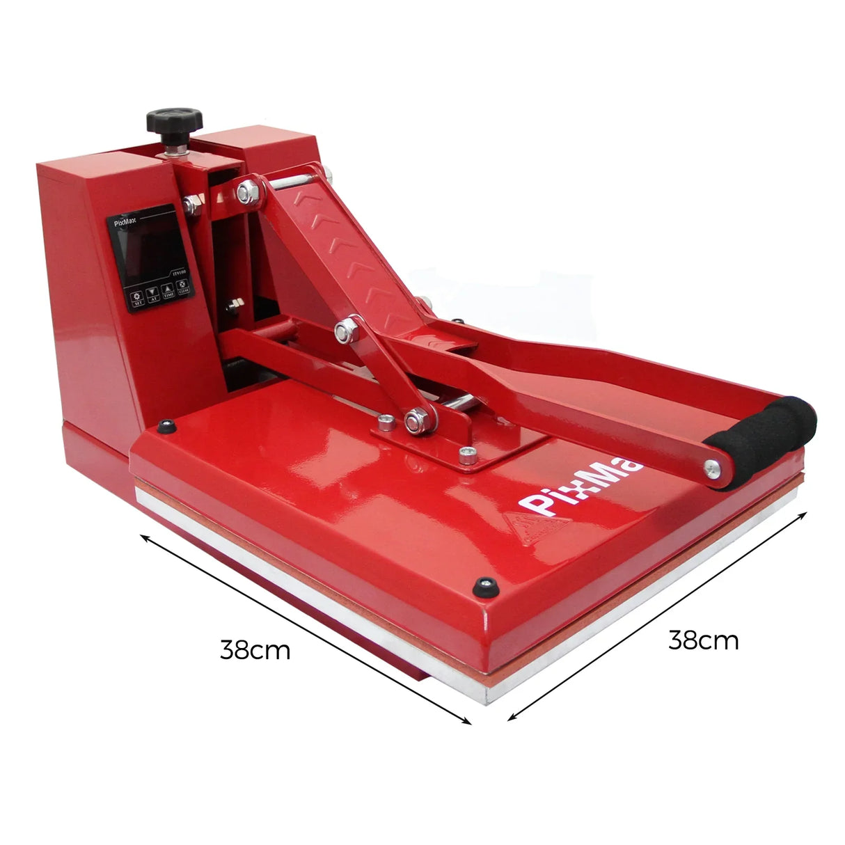 Red 38cm clam press vinyl cutter with adjustable handle, digital display, and smooth surface for precise heat transfer applications