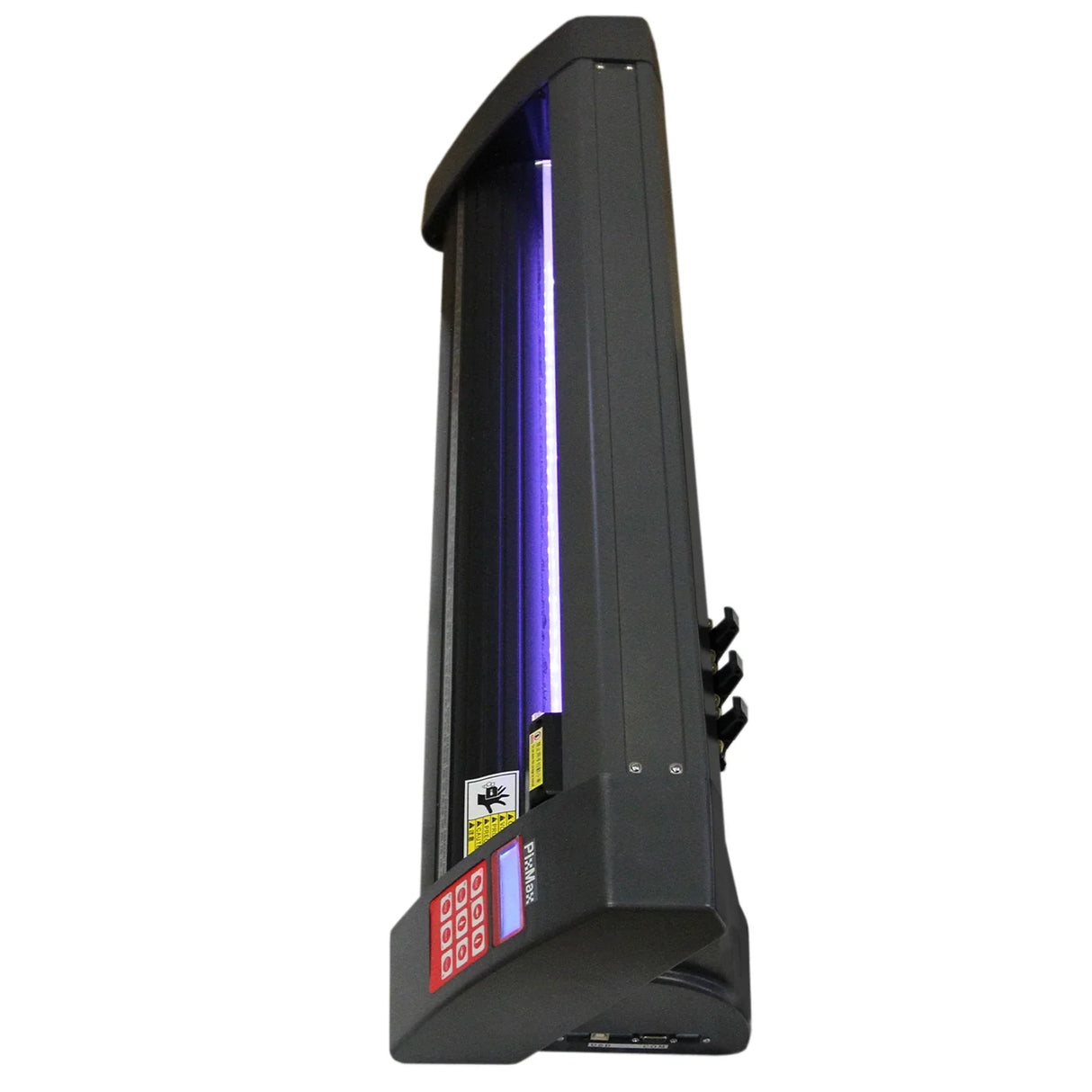 Vinyl cutter with LED light, sleek gray design, compact size, featuring control buttons and a sturdy base for precision cutting