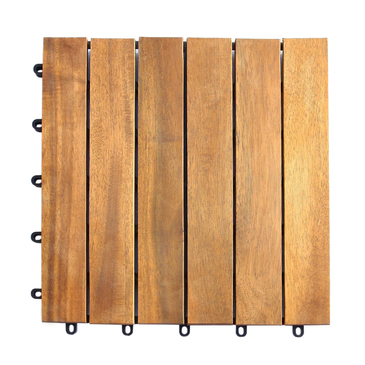 Natural wooden decking tiles featuring a rich brown finish, smooth texture, and interlocking edges for easy installation