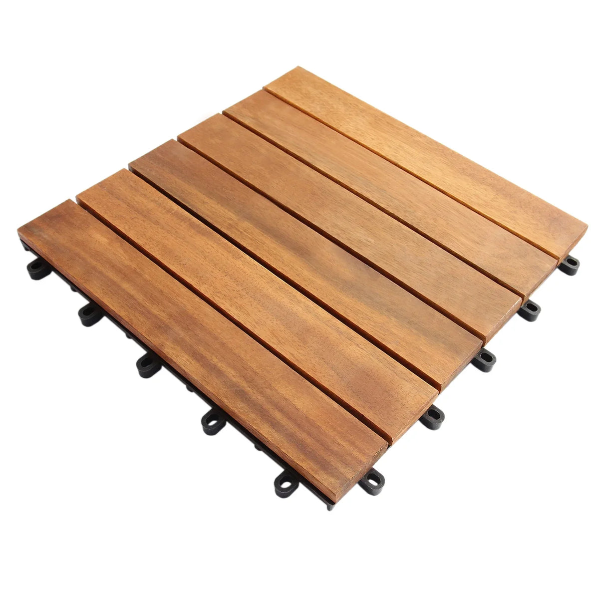 Natural wooden decking tiles in rich brown tones, featuring smooth planks and interlocking edges for easy installation