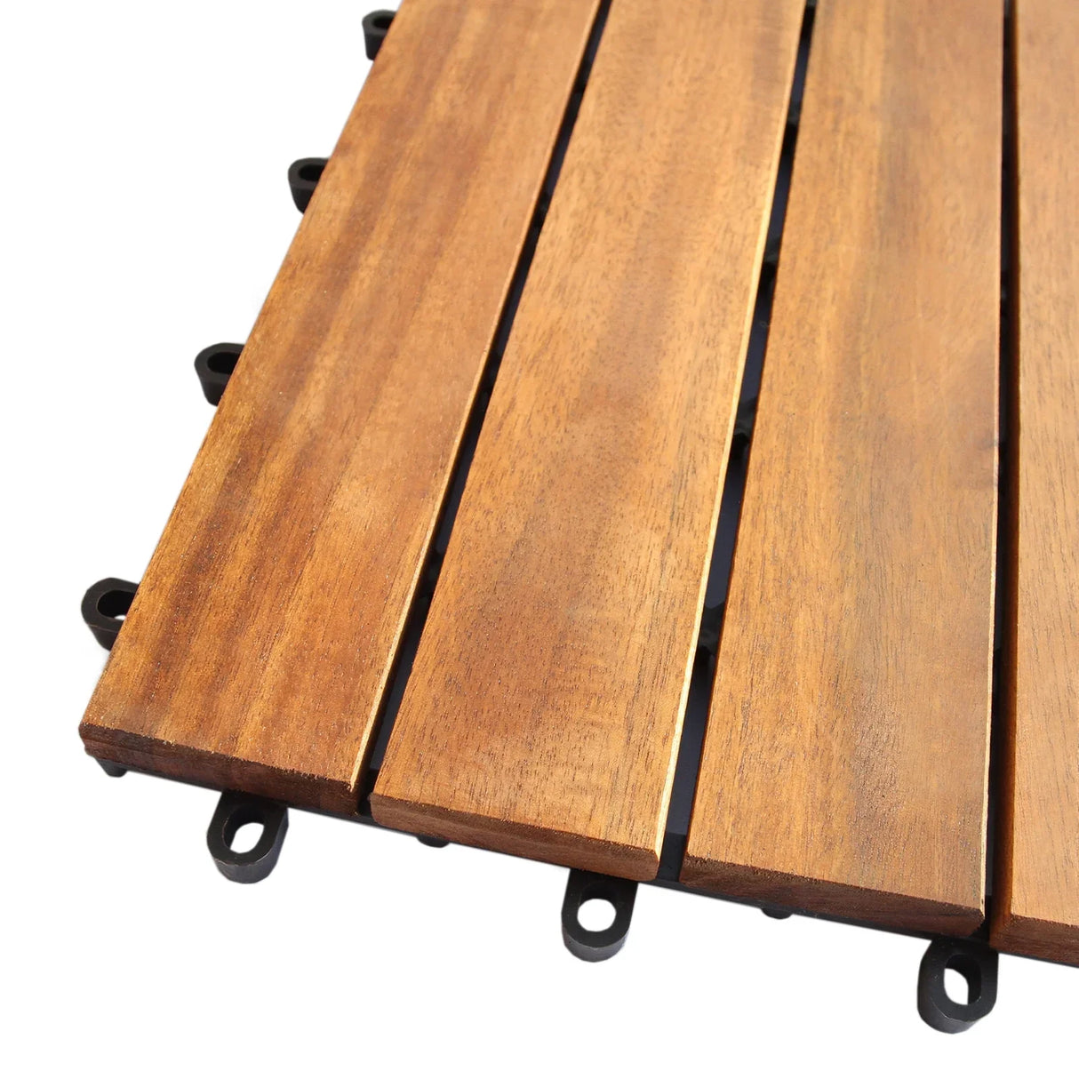 Natural wood decking tiles featuring a rich brown finish, smooth texture, and interlocking edges for easy installation