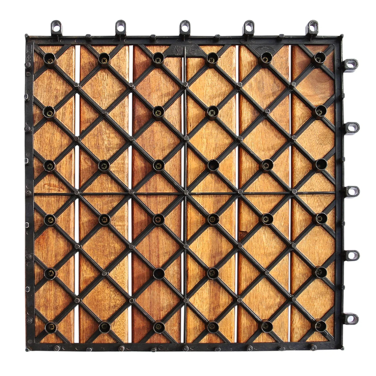 Wooden decking tiles featuring a geometric pattern with rich brown wood and a durable black plastic frame, ideal for outdoor spaces