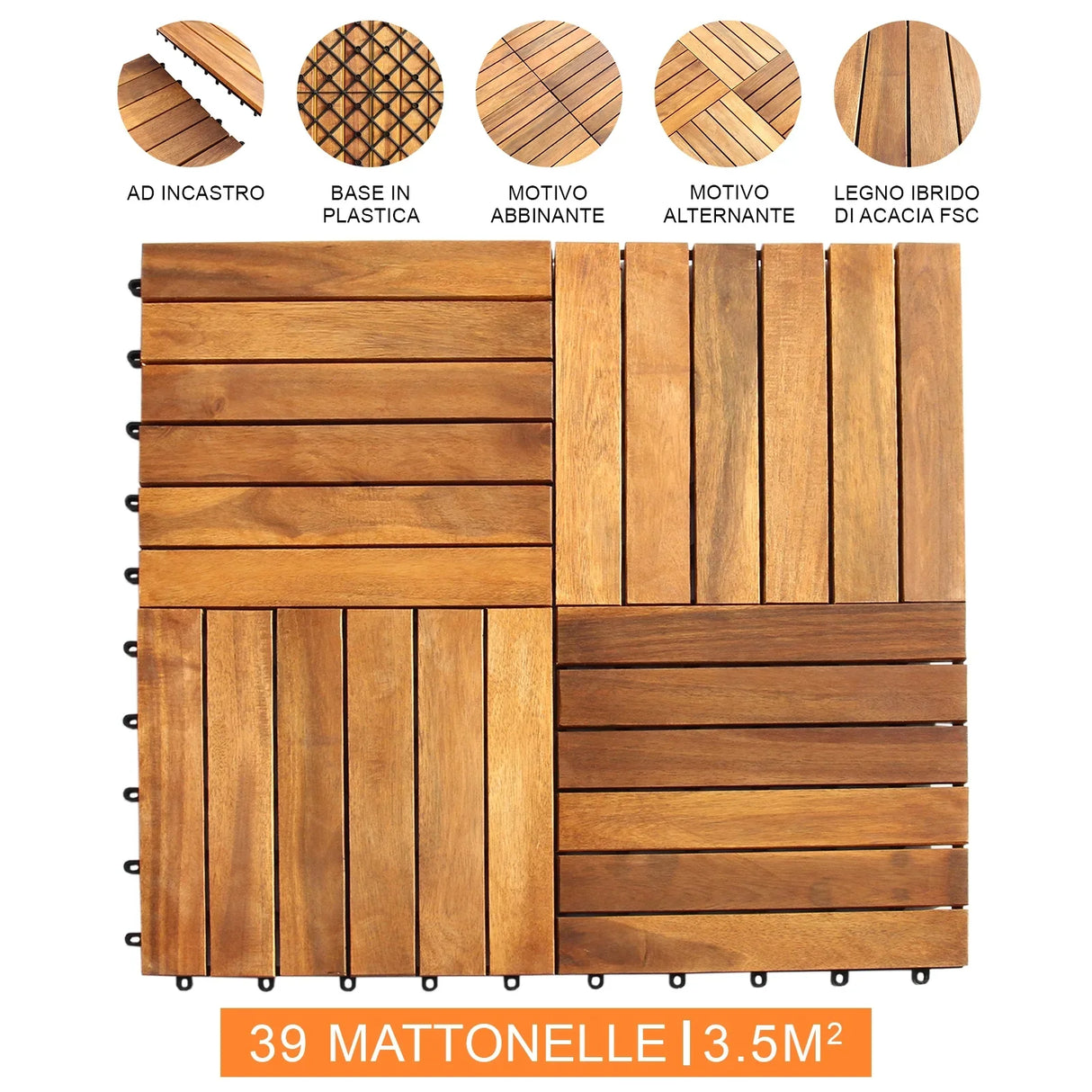 Wooden decking tiles in rich brown hues, featuring a mix of slatted and patterned designs, ideal for outdoor flooring solutions