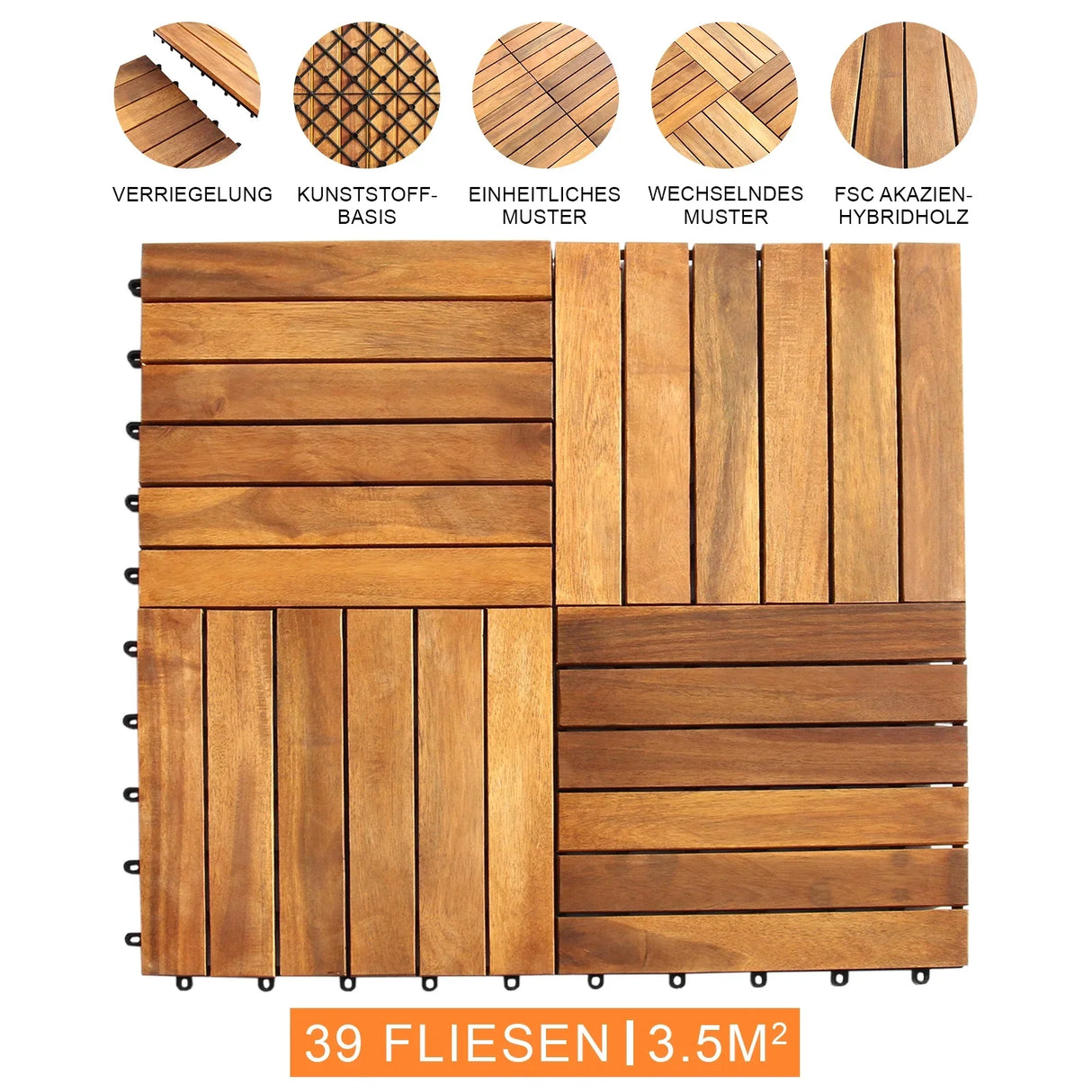 Wooden decking tiles in various patterns, showcasing rich brown hues and a smooth finish, ideal for outdoor flooring projects