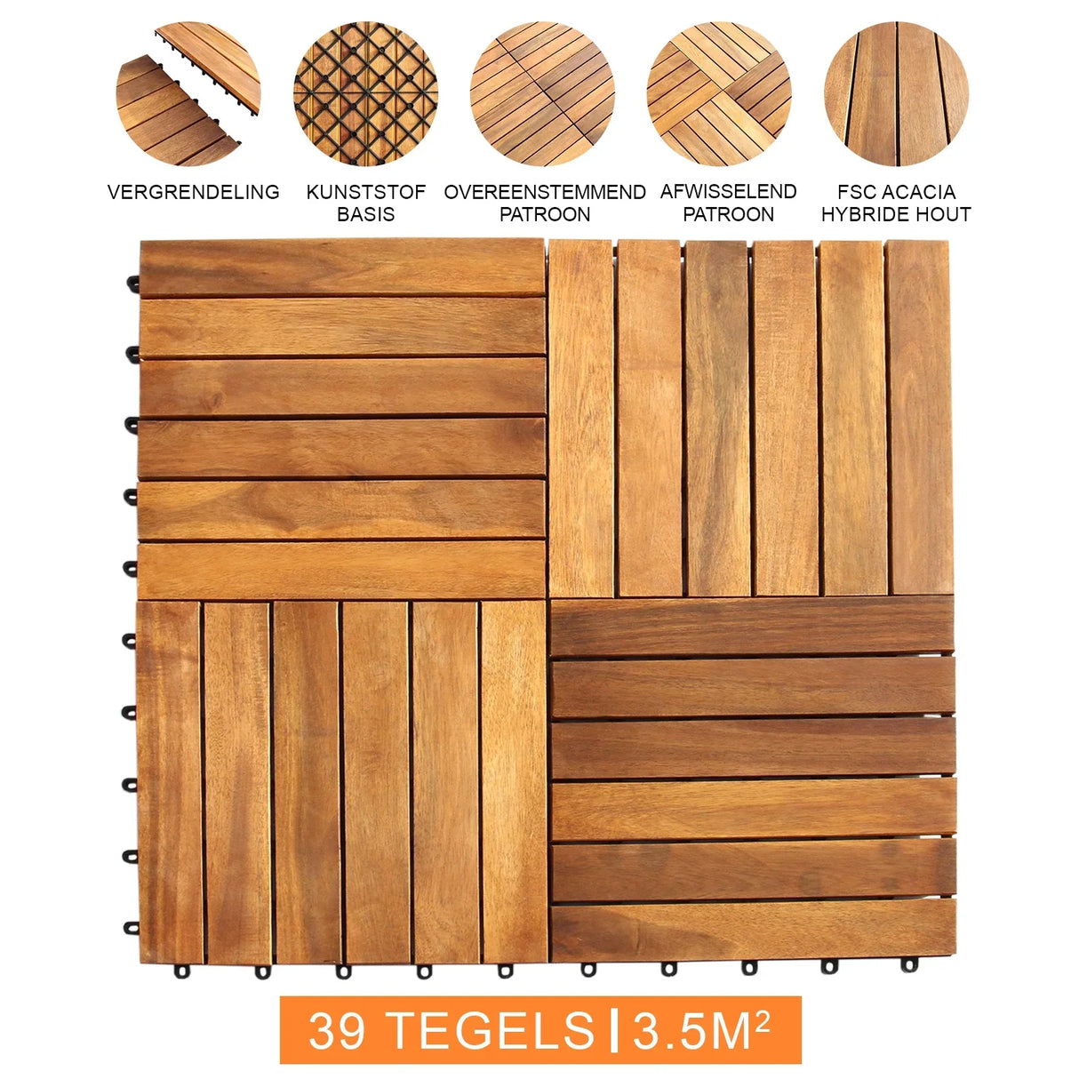 Acacia wooden decking tiles in a square layout, showcasing rich brown tones, textured surfaces, and interlocking edges for easy installation