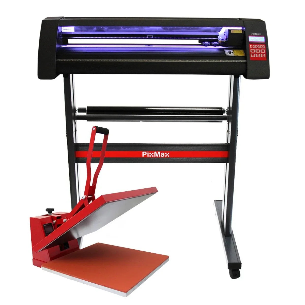 LED vinyl cutter with a sleek black design, featuring a 50cm clam heat press in red, ideal for crafting and heat transfer projects