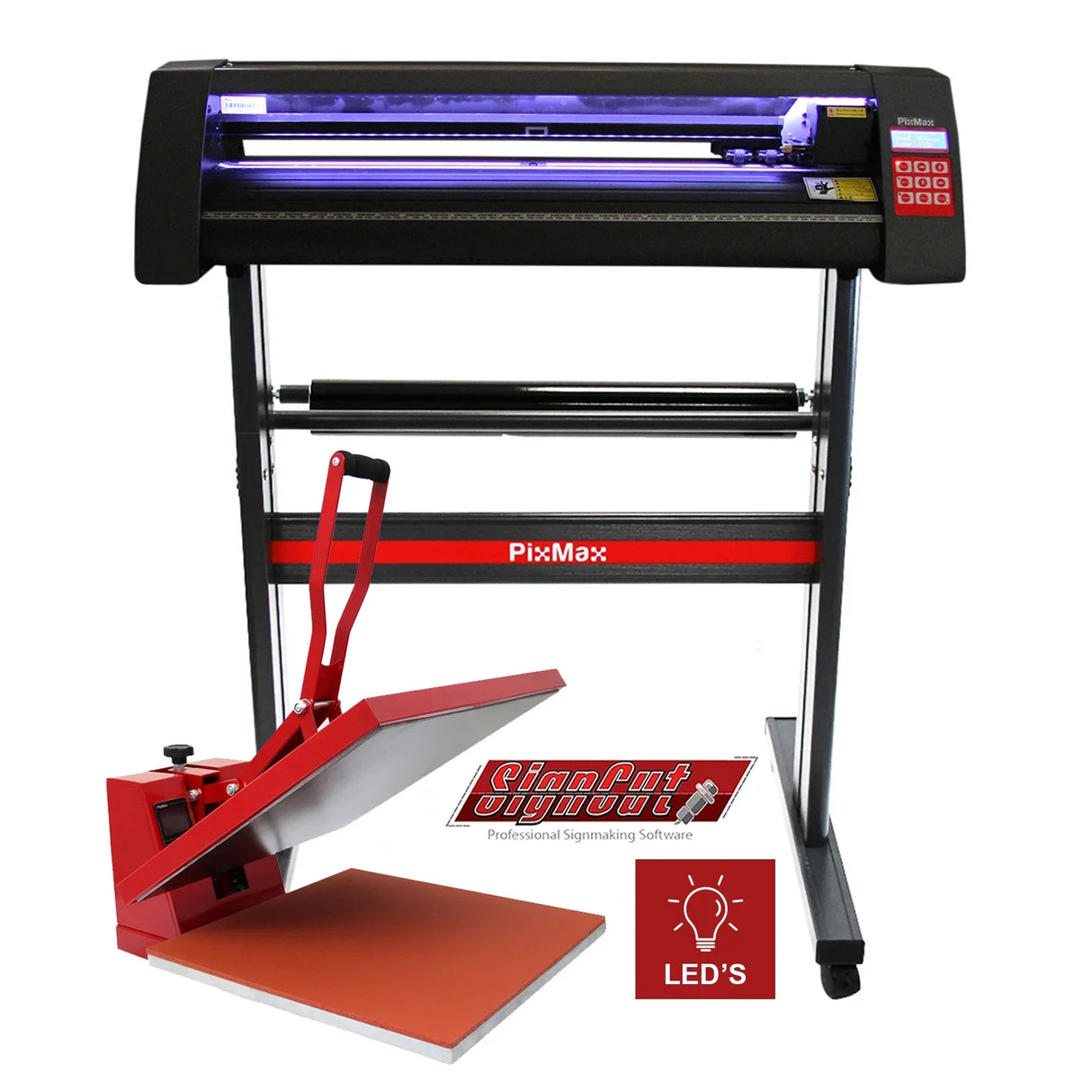 LED vinyl cutter with a sleek black design, 50cm clam heat press in red, and professional signmaking software included