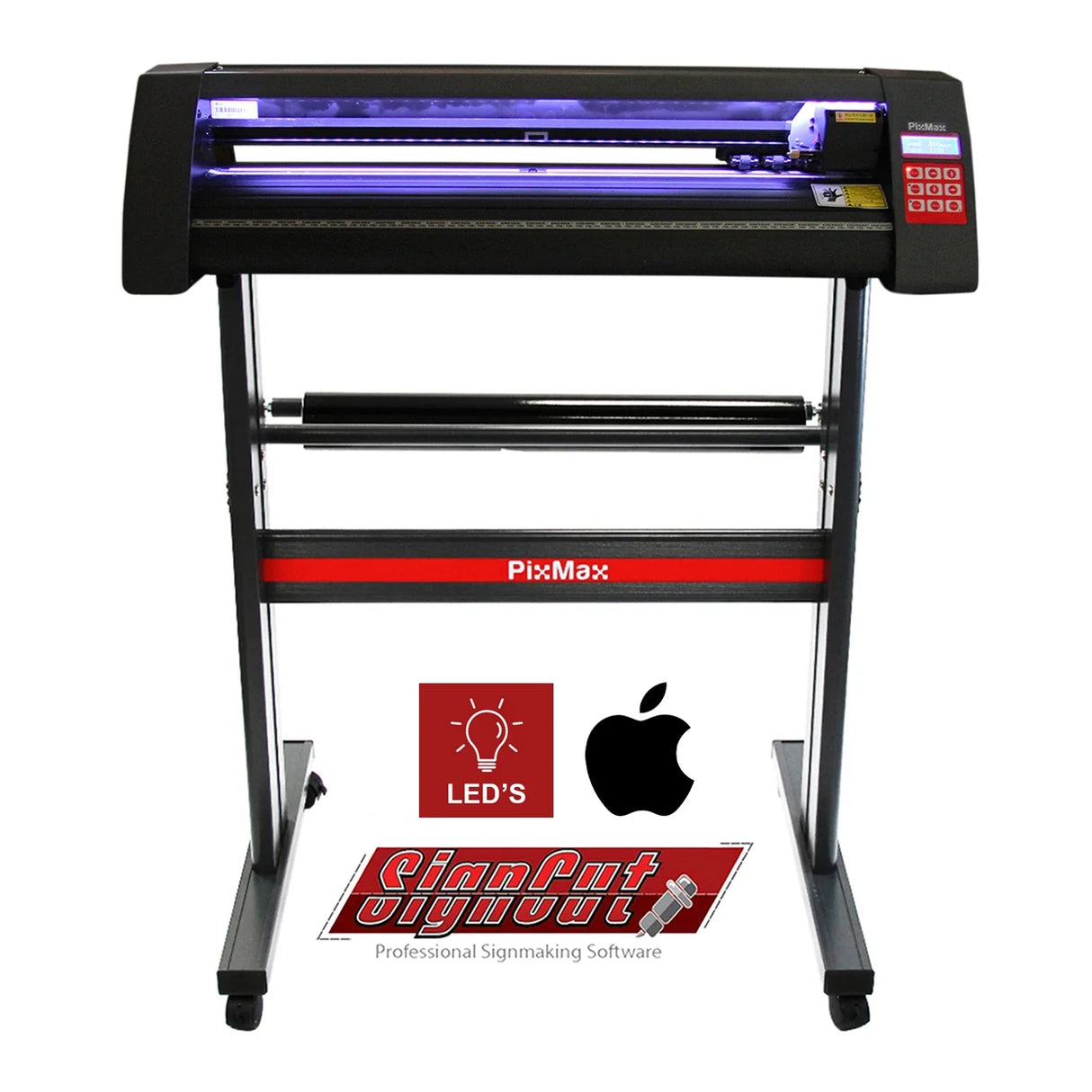Vinyl cutter with a sleek black design, LED light guide, and Signcut Pro software, ideal for Mac users and signmaking projects