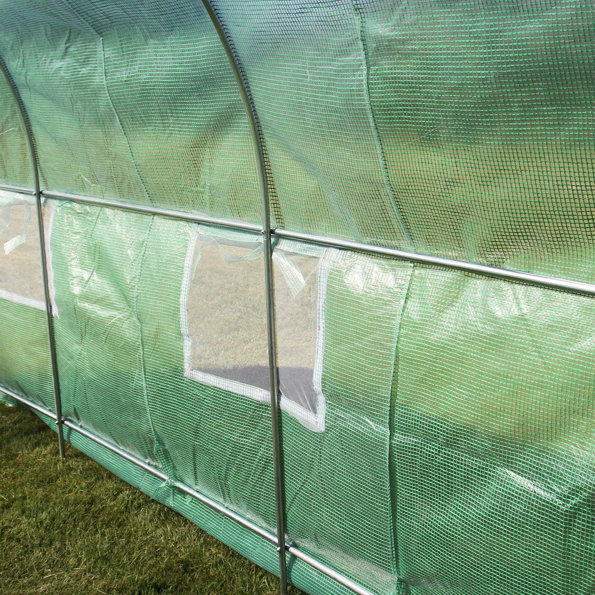 Transparent green polytunnel with 19mm frame, featuring mesh ventilation windows, ideal for gardening and plant protection