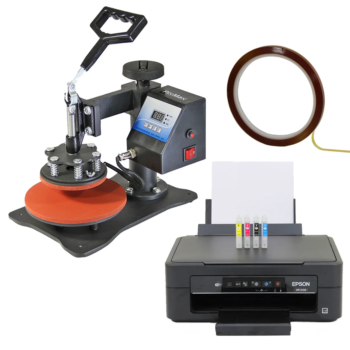 Plate press with red silicone pad, digital display, and Epson printer with ink cartridges and paper, ideal for custom printing projects