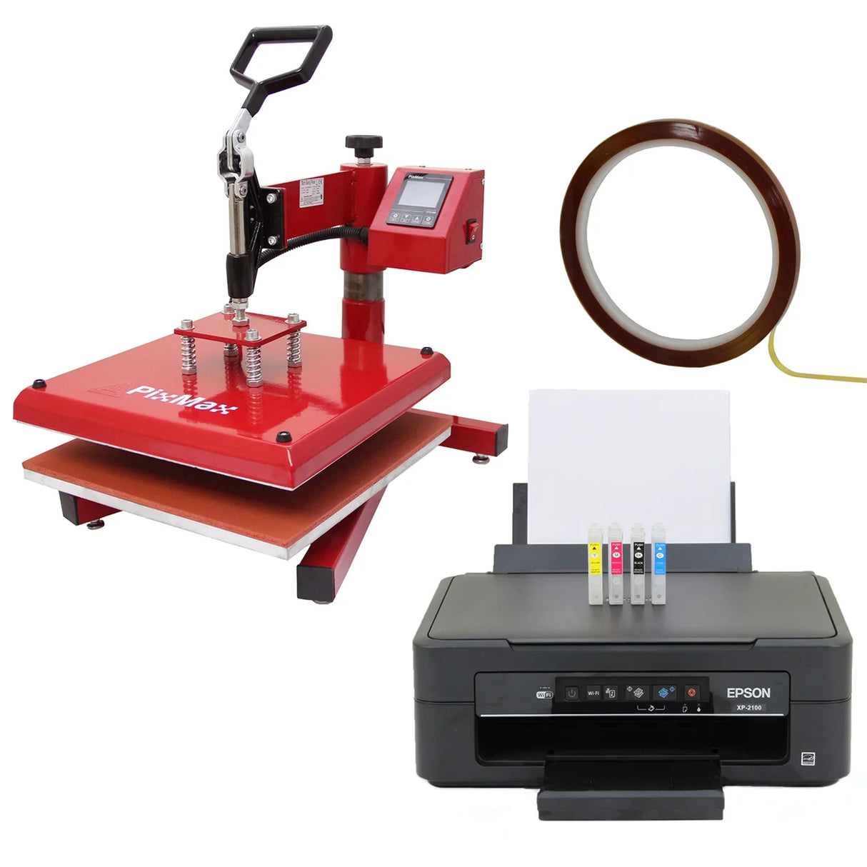 38cm red swing heat press with digital display, alongside an Epson printer and color ink cartridges, ideal for custom printing projects