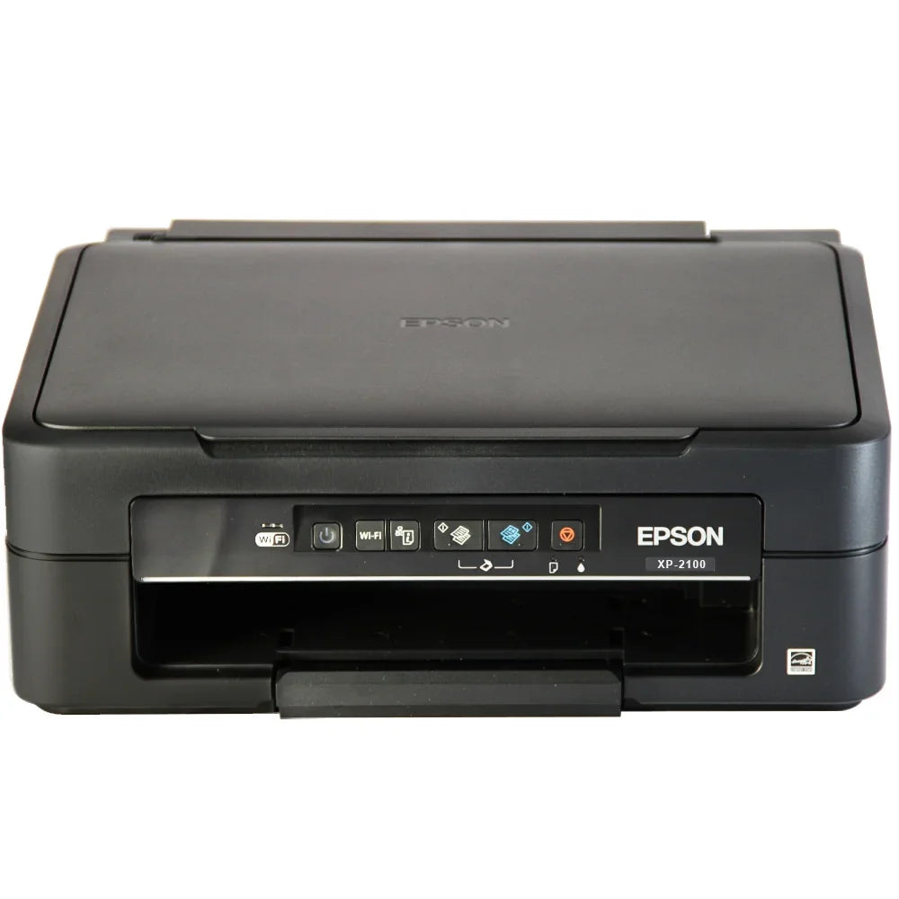 Epson XP-2100 printer in sleek black, featuring control panel with buttons and indicators for easy operation and connectivity