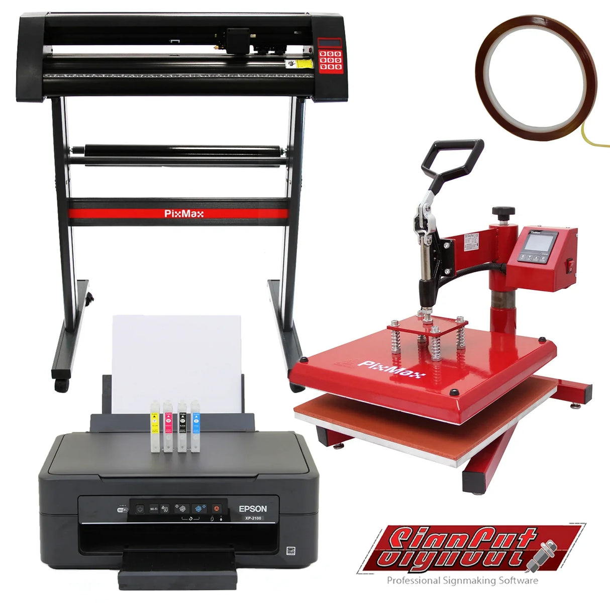 38cm swing press, 720mm vinyl cutter, and Epson printer in black and red, showcasing professional sign-making tools and accessories