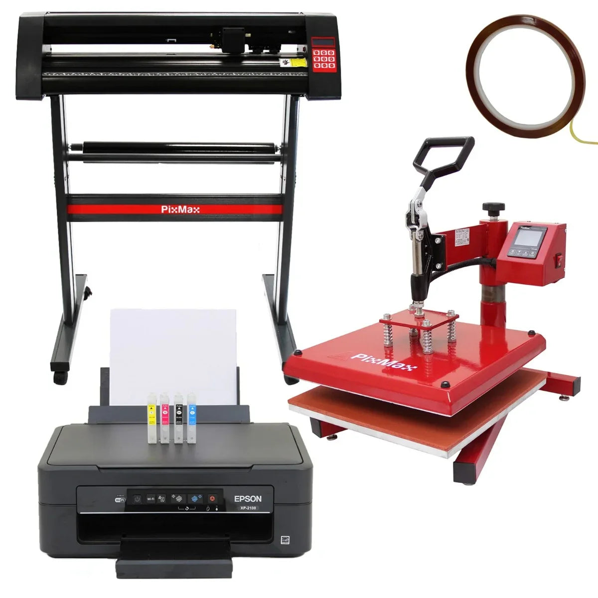 38cm swing press in red, 720mm vinyl cutter with black frame, and Epson printer with colorful ink cartridges, all on a white background