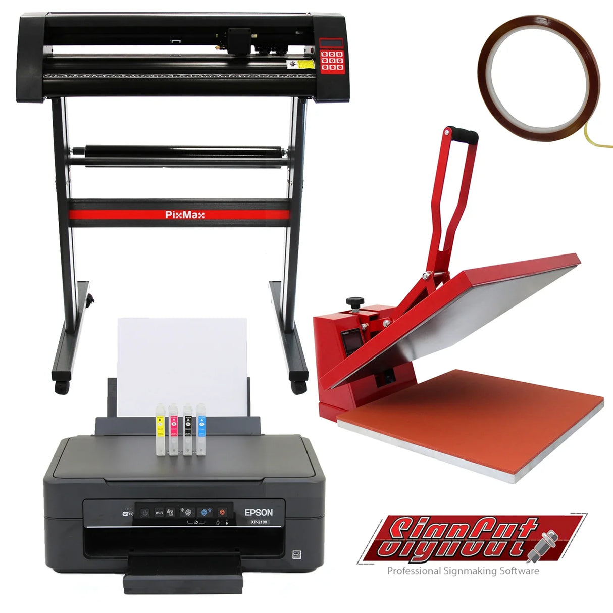 50cm clam press, 720mm vinyl cutter, and Epson printer with vibrant inks, showcasing a sleek design and professional tools for sign making