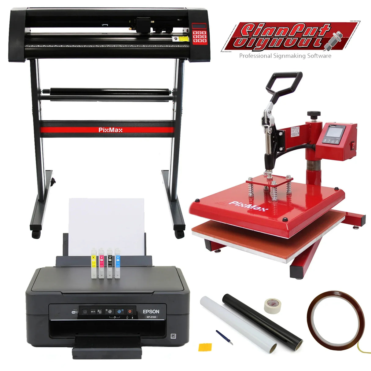38cm swing press, 720mm vinyl cutter, Epson printer, and weeding kit displayed with vibrant colors and various tools for sign making