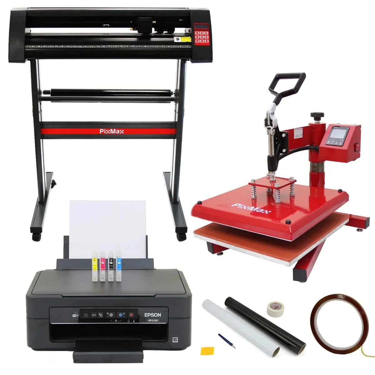 38cm swing press, 720mm vinyl cutter, Epson printer, and weeding kit in red and black, showcasing essential tools for crafting and printing