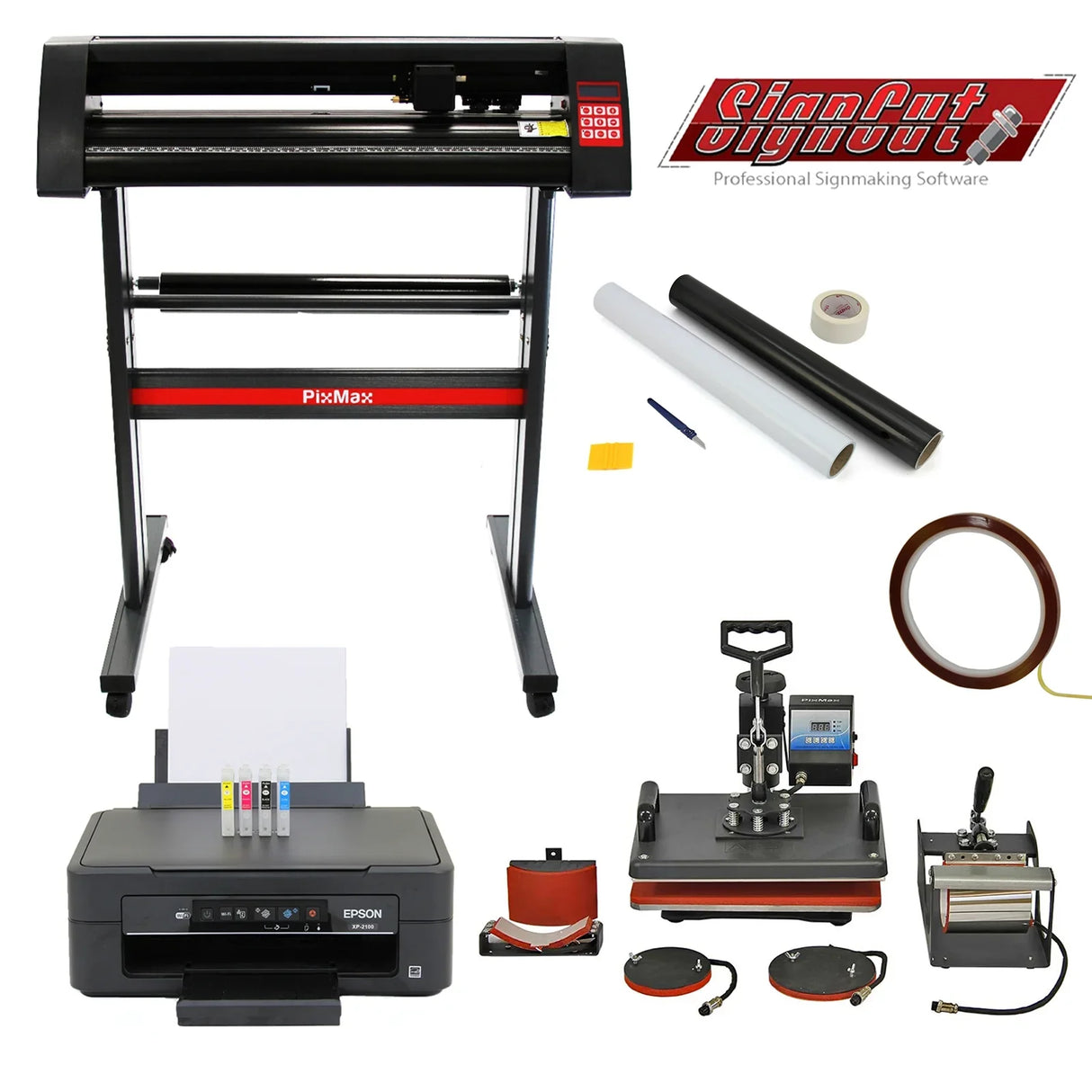 5 in 1 heat press, 720mm vinyl cutter, Epson printer, and weeding kit displayed with tools, rolls of vinyl, and signmaking software