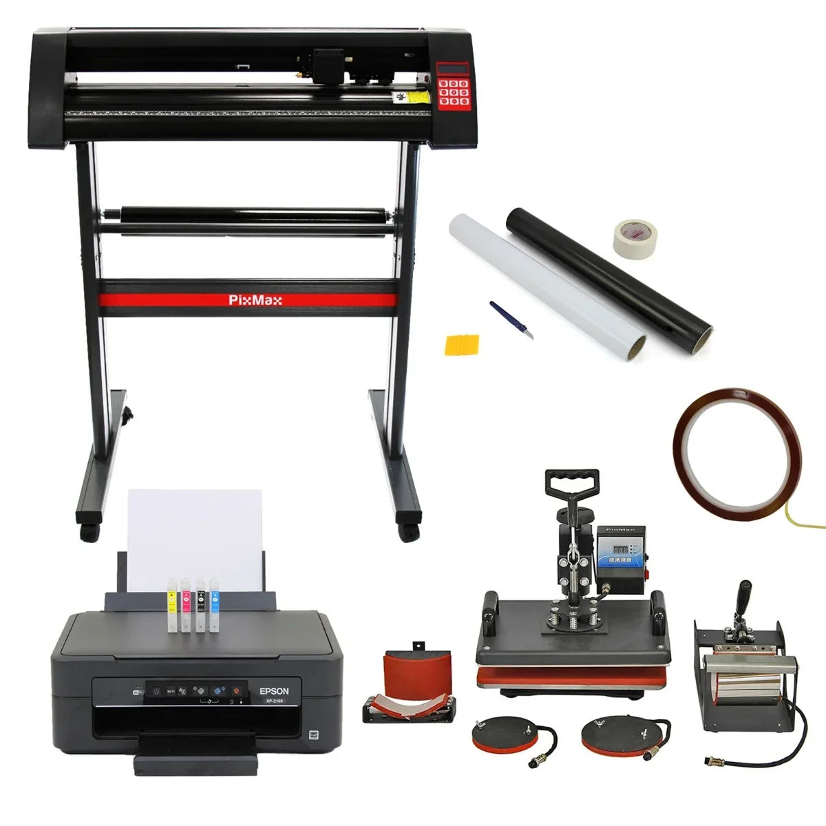 5 in 1 heat press, 720mm vinyl cutter, Epson printer, and weeding kit with various tools, rolls of vinyl, and vibrant colors