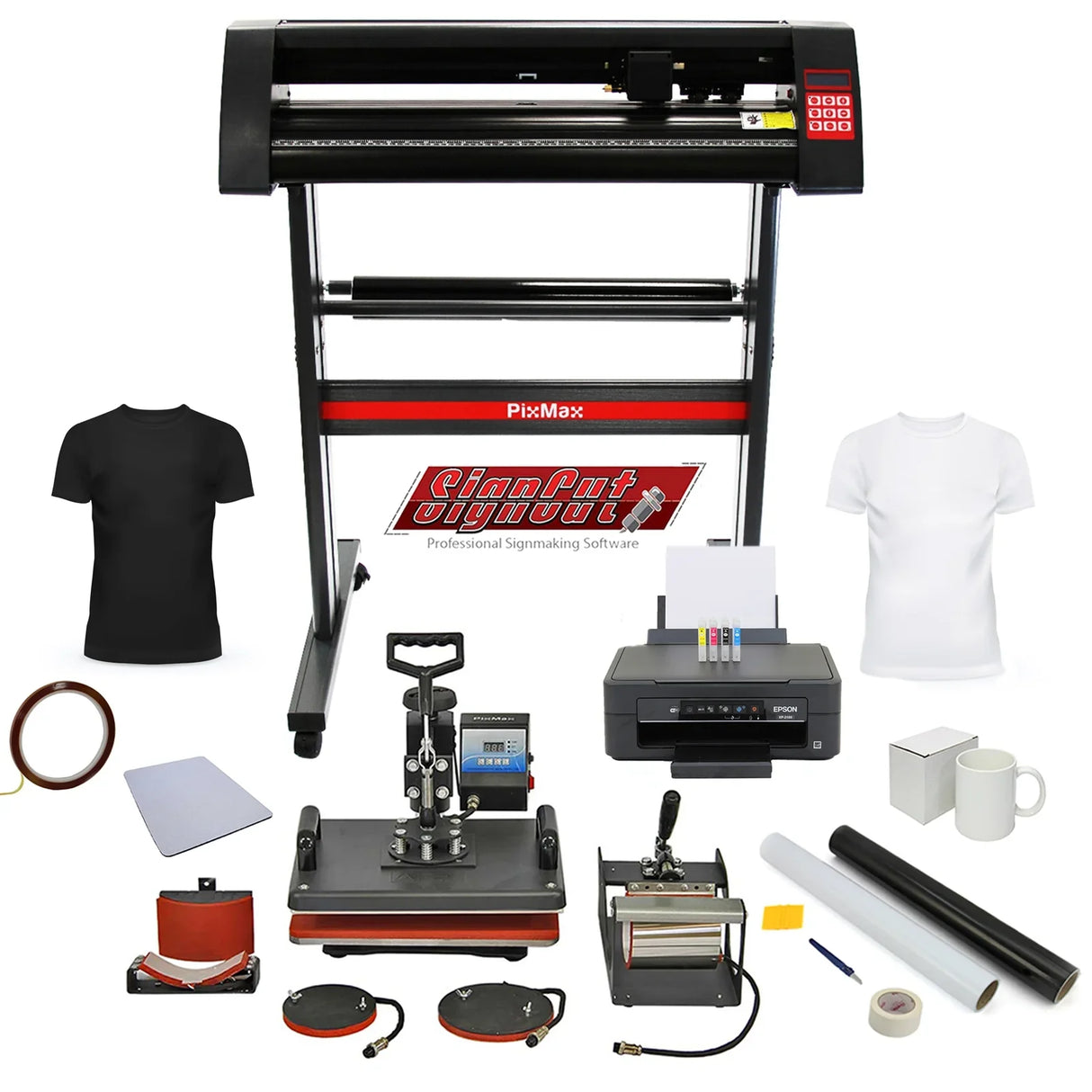PixMax Da Vinci Bundle includes a heat press, vinyl cutter, printer, and accessories for custom apparel and signage creation