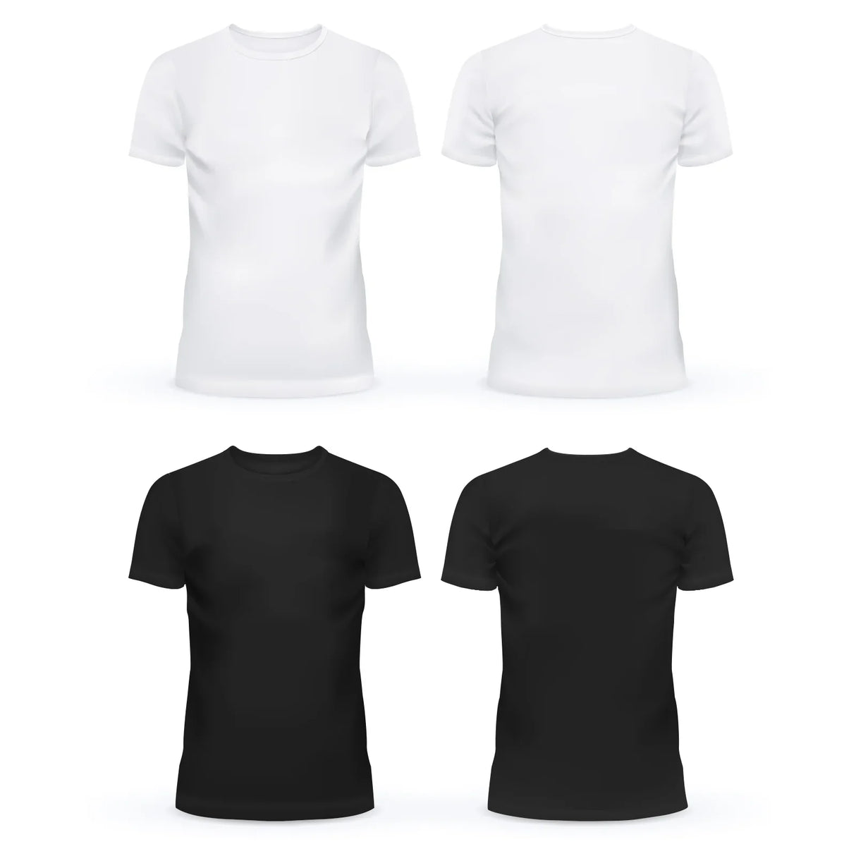 Four t-shirts displayed: two white and two black, featuring a smooth texture and classic crew neck design, ideal for custom printing