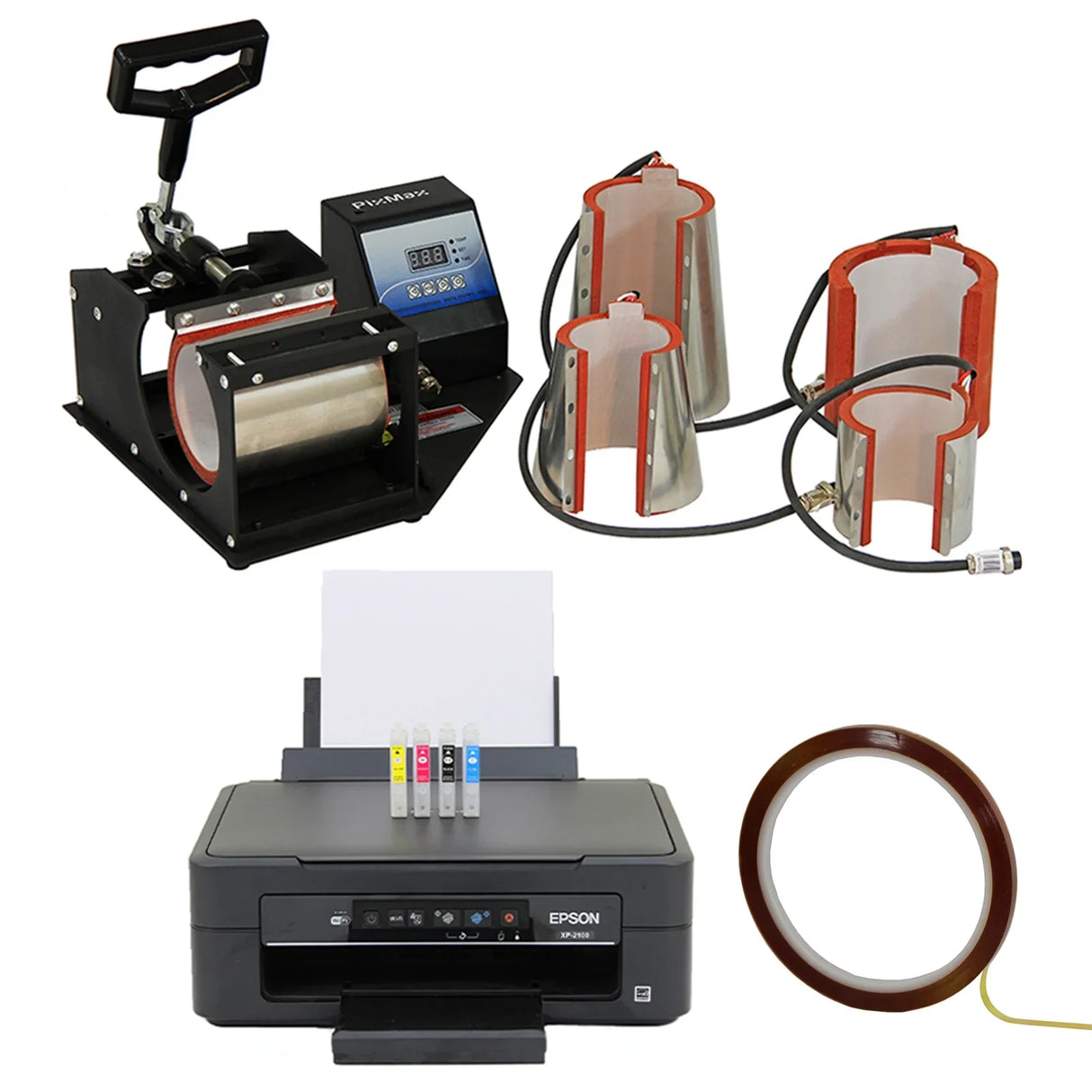 Monet Mug Making Bundle includes a heat press machine, two mug wraps, an inkjet printer, and sublimation ink for custom designs