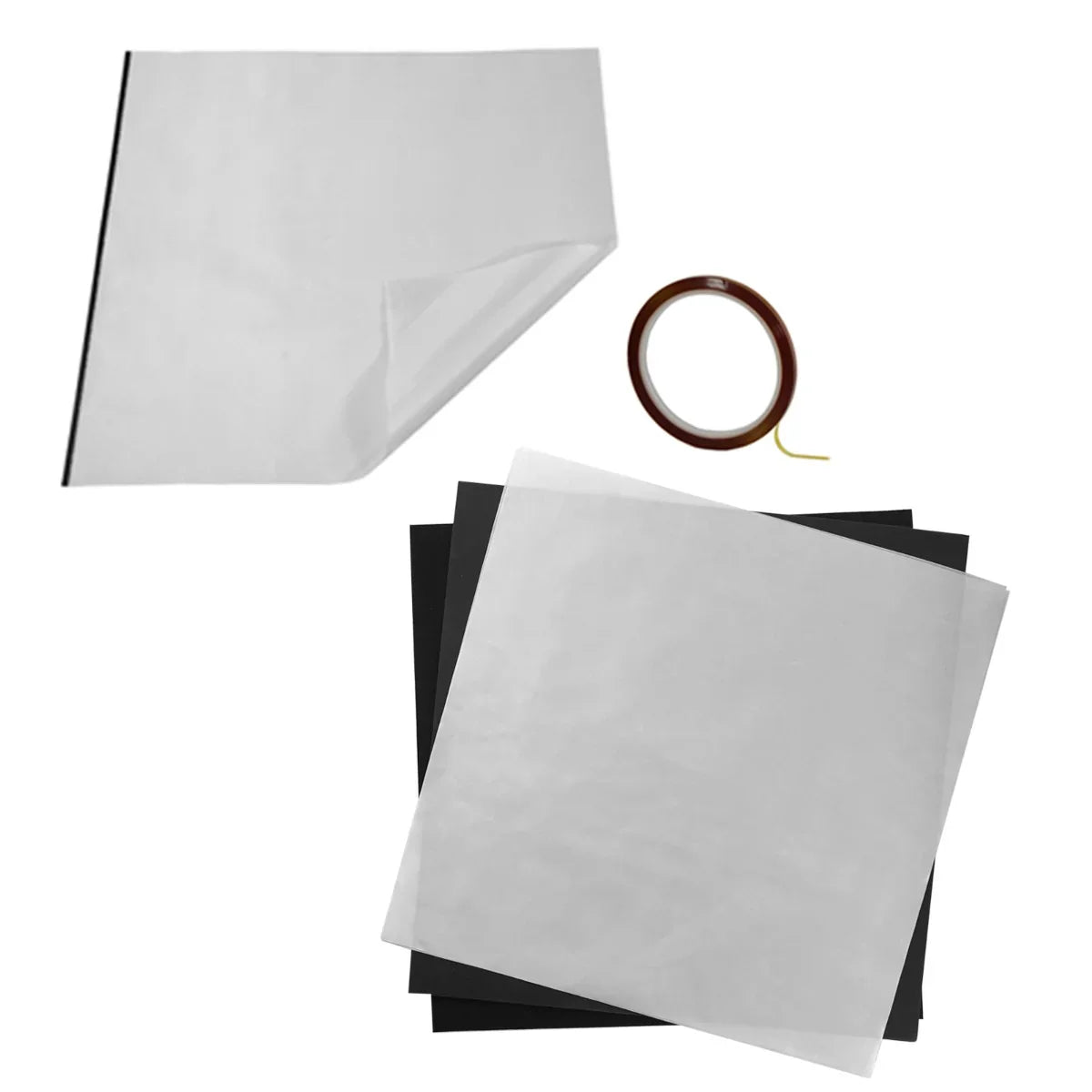 Heat press accessories including a protective cover sheet, black transfer sheets, and adhesive tape for Clam Heat Press 38 x 38cm
