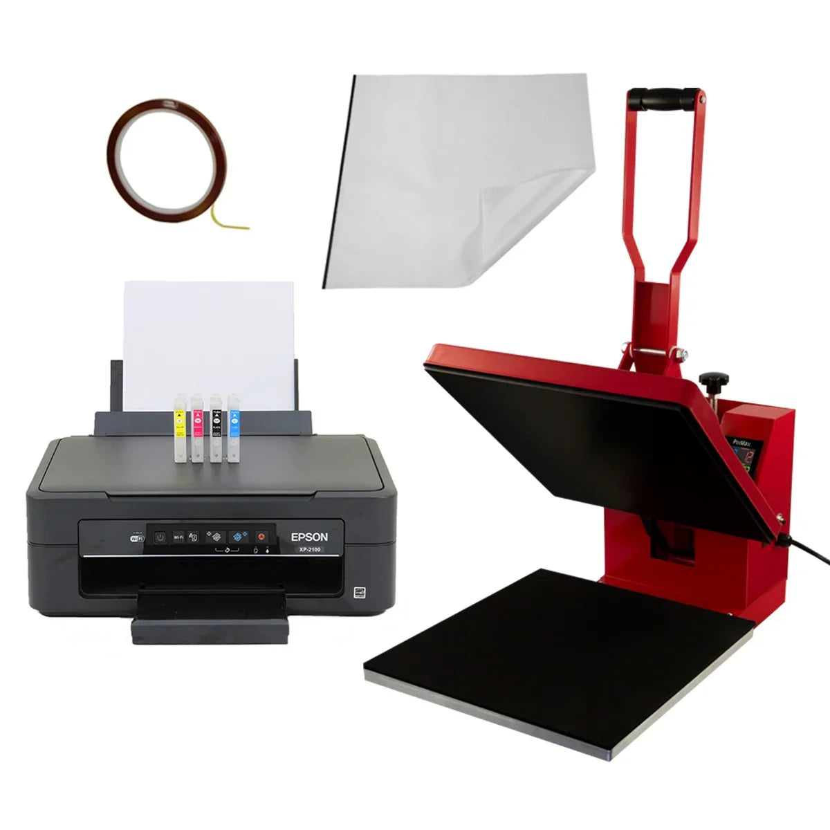Clam heat press and printer set with red heat press machine, black base, colorful ink cartridges, and transfer paper included