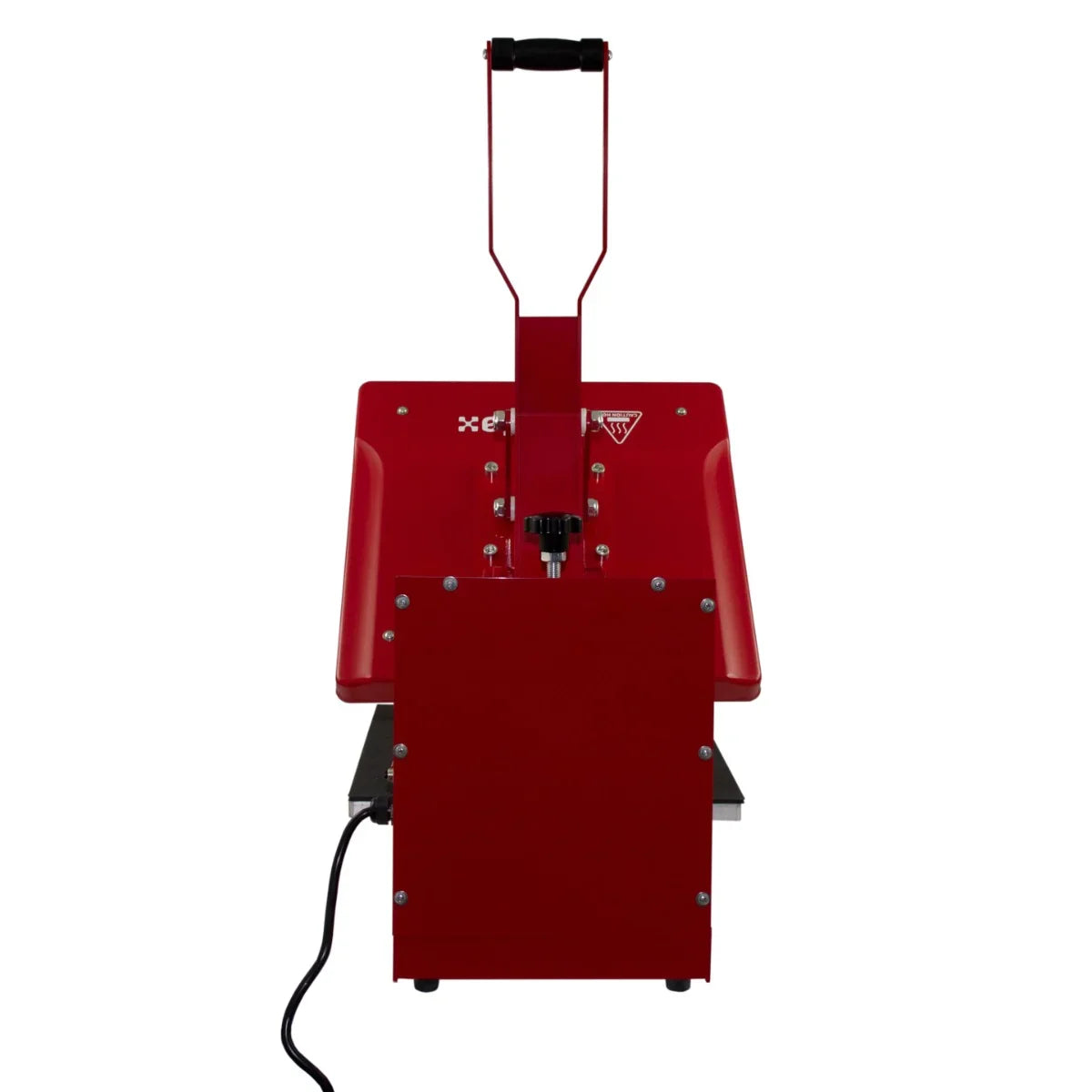 Clam heat press in vibrant red, featuring a sturdy handle, control panel, and a compact design for easy printing on various materials