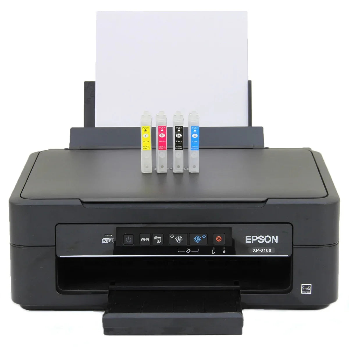 Clam Heat Press 38 x 38cm with Epson XP-2100 printer, featuring four colorful ink cartridges and a blank sheet ready for printing