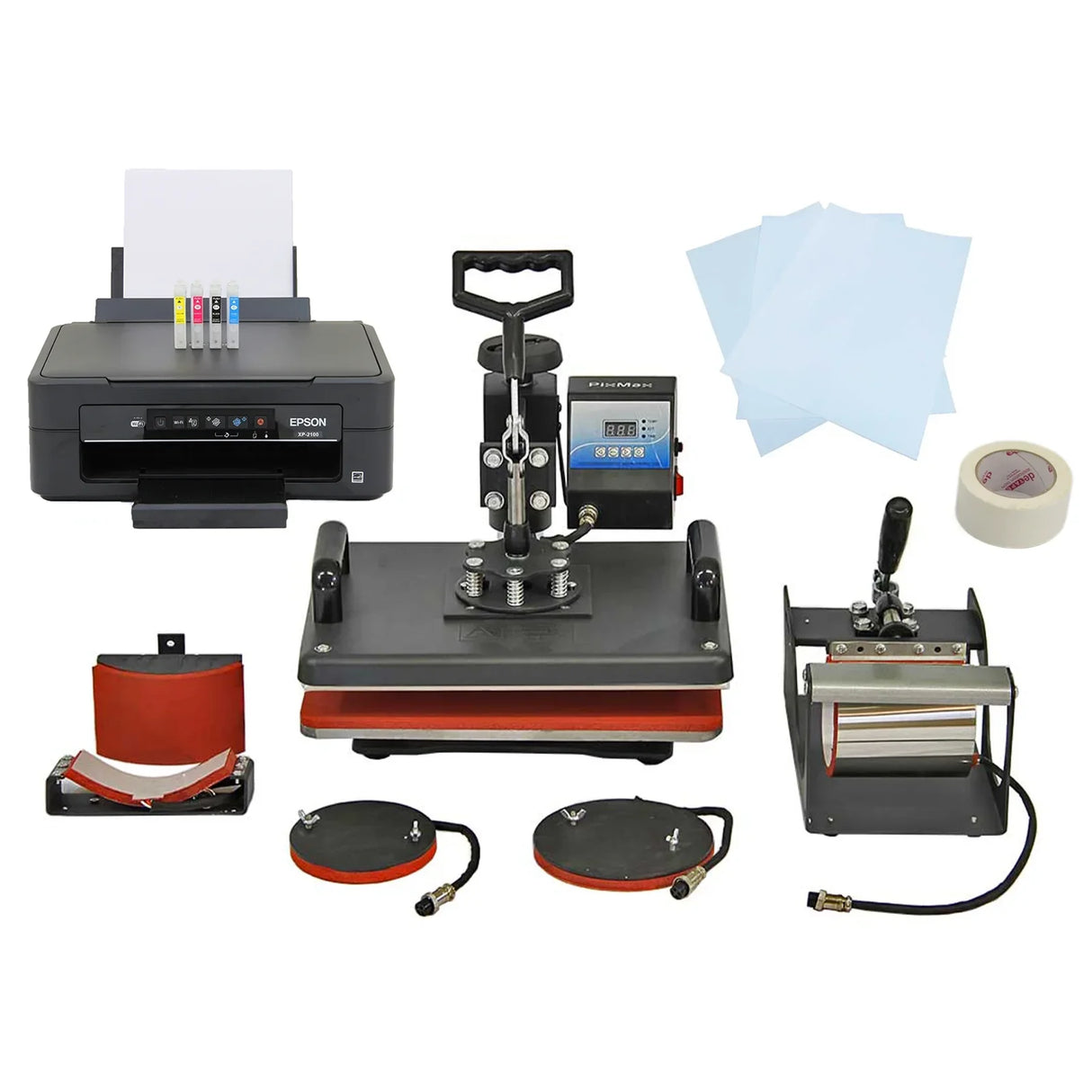5 in 1 heat press and Epson printer set featuring a black printer, heat press machine, various attachments, and transfer sheets