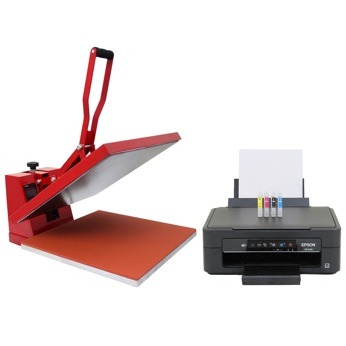 50cm red clam heat press with a flat orange base next to an Epson printer featuring four color ink cartridges for vibrant printing