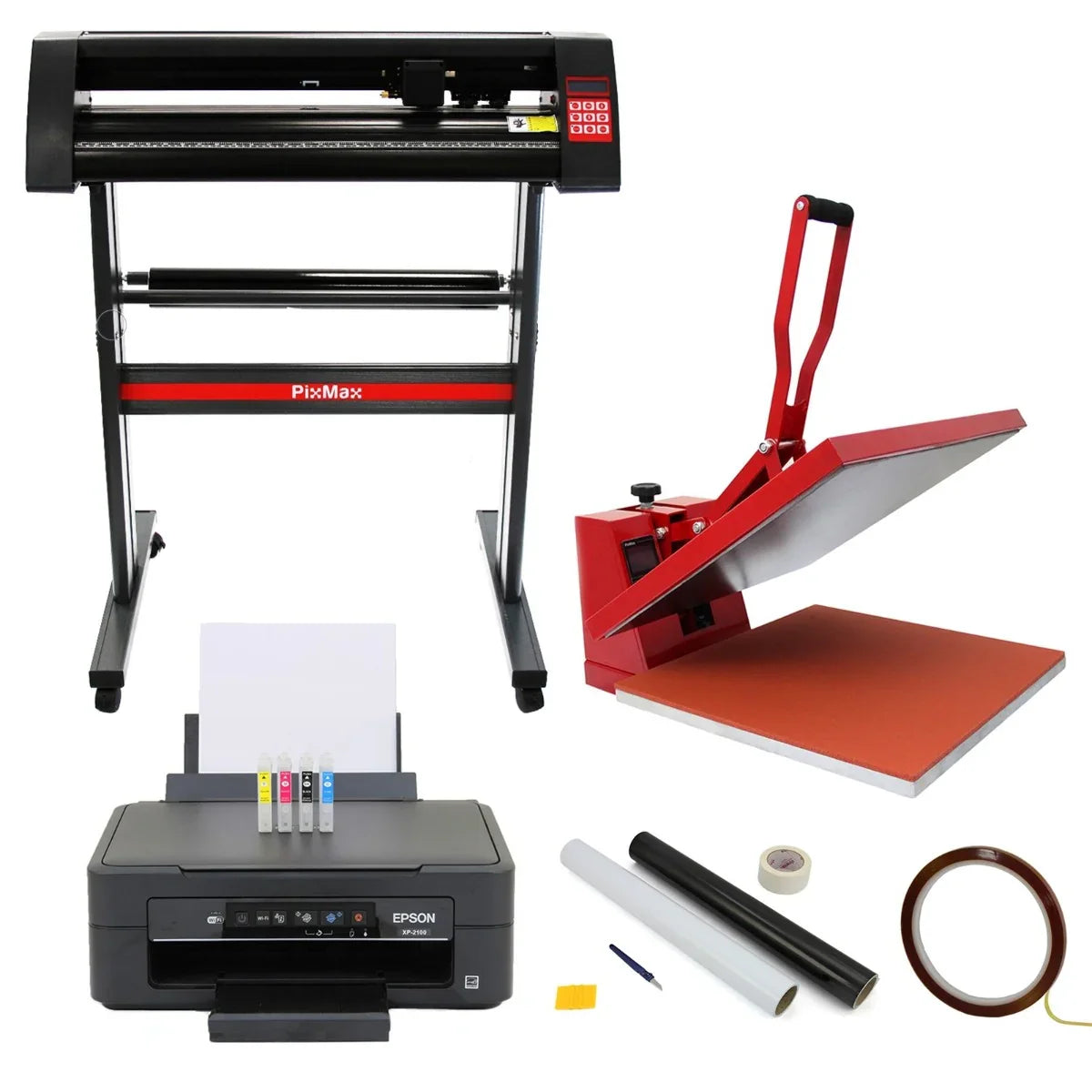 Vinyl cutter, 50x50 heat press, and value printer bundle with vibrant colors, sleek design, and essential accessories for sign making