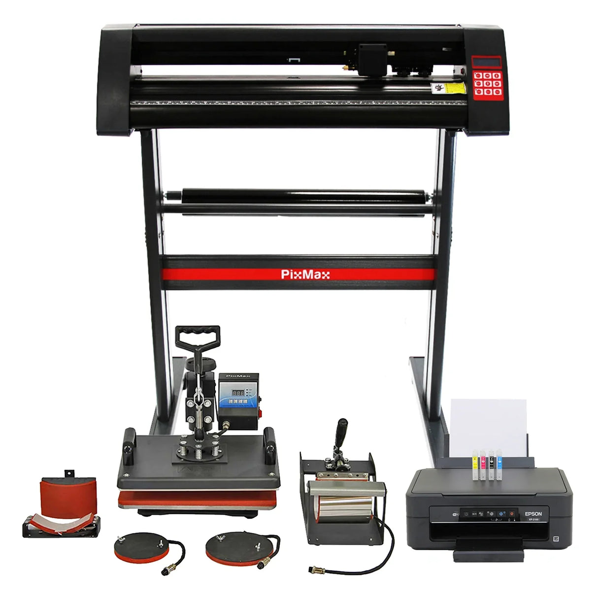 Vinyl cutter 5 in 1 combo with black and red design, includes heat press, printer, and various attachments for versatile crafting