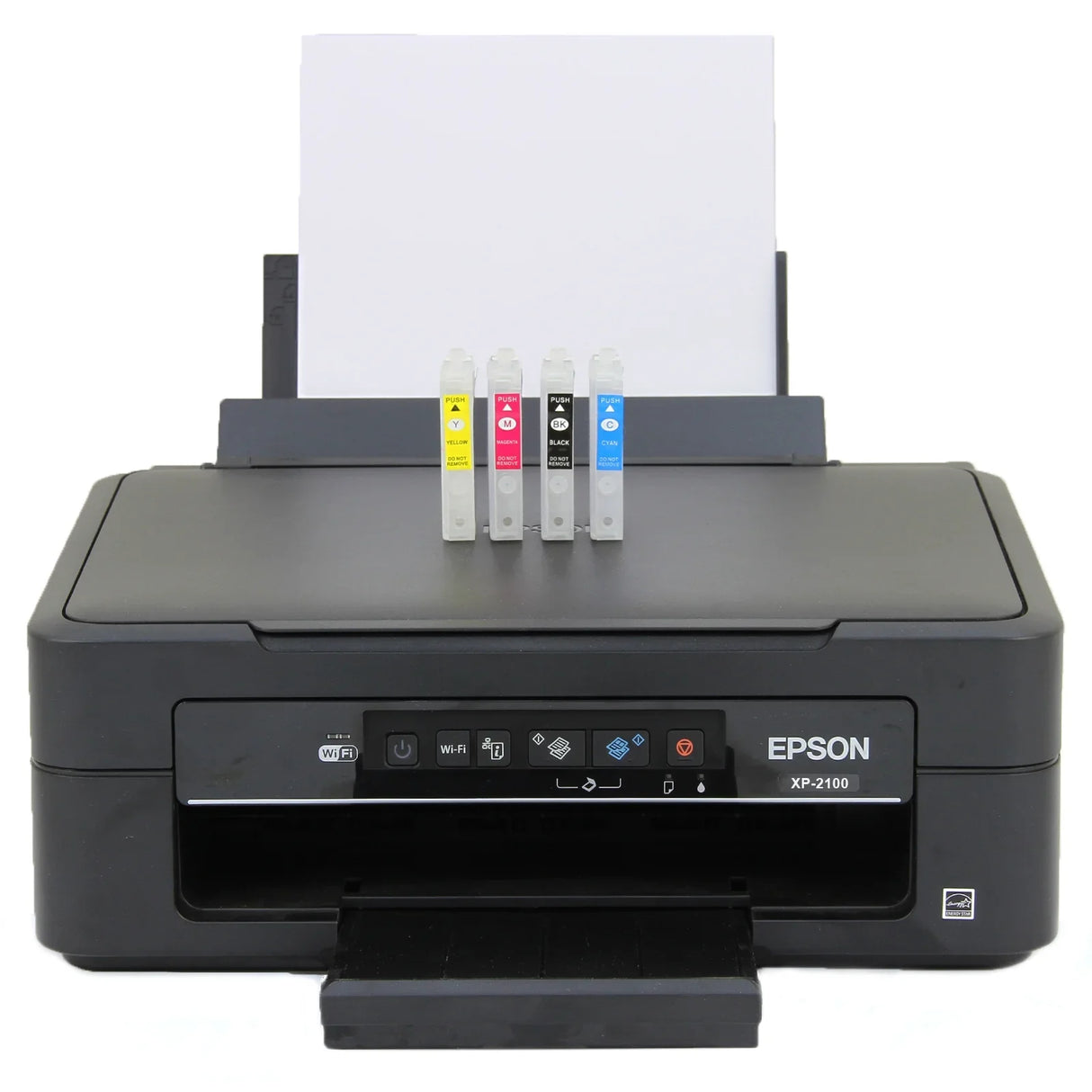 Vinyl cutter and value printer in black with control panel, four ink cartridges in vibrant colors, and a blank sheet of paper ready for printing