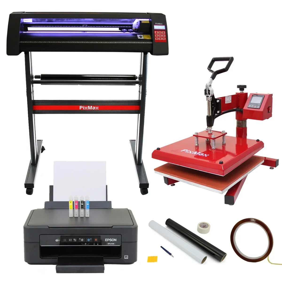 38 Swing vinyl cutter with LED display, value printer, heat press, weeding kit, and heat tape, showcasing vibrant colors and sleek design