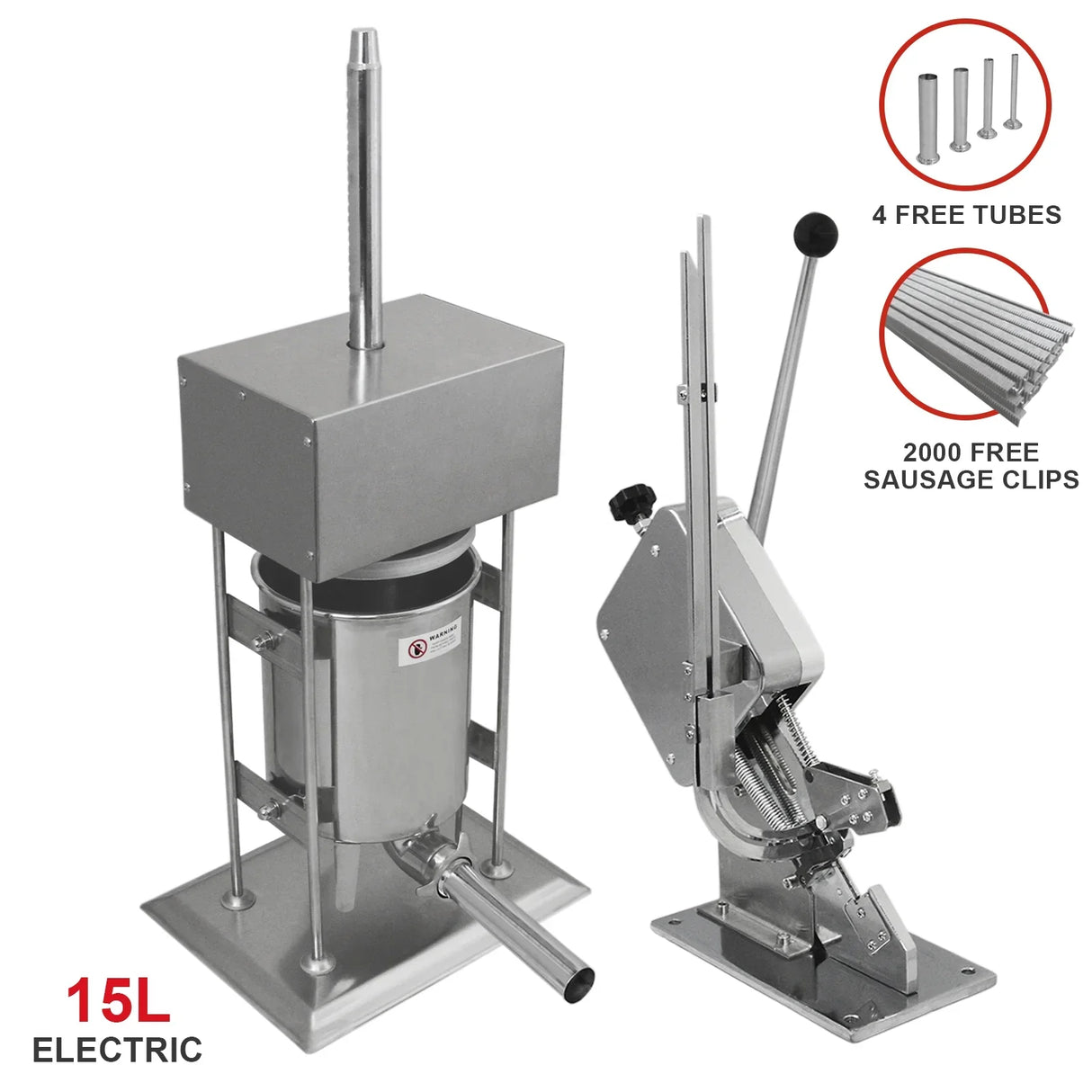 15L electric sausage stuffer with stainless steel body, includes 4 tubes and a clipper for easy sausage preparation