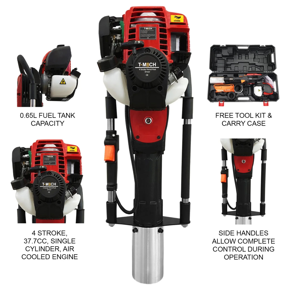 T-Mech 4 Stroke Post Driver with red and black design, 0.65L fuel tank, 37cc engine, and side handles for easy control and transport