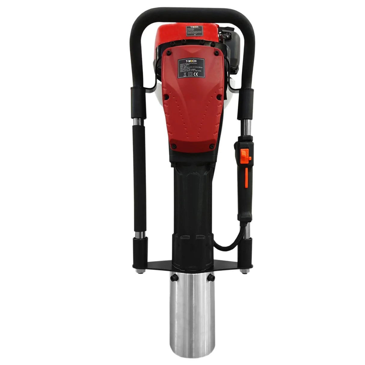 T-Mech 4 Stroke Post Driver featuring a red and black design, sturdy metal body, and ergonomic handles for easy operation