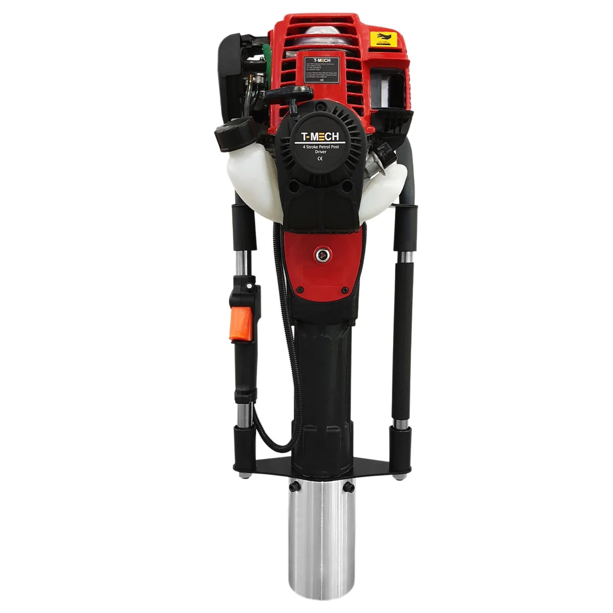 T-Mech 4 Stroke Post Driver with a red and black engine, metal shaft, and ergonomic handles for efficient post driving