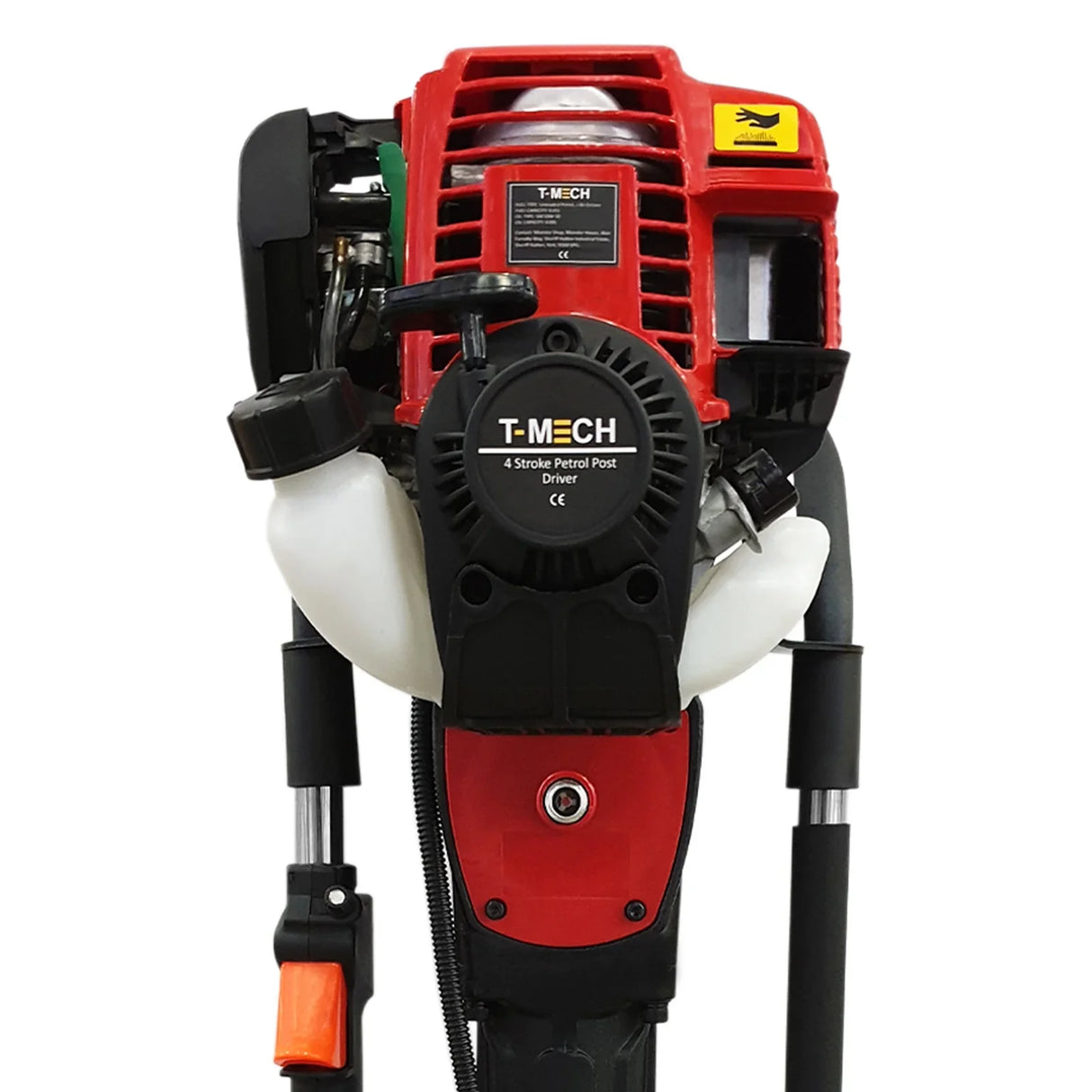 T-Mech 4 Stroke Post Driver features a red and black design, with a powerful engine and ergonomic handles for easy operation