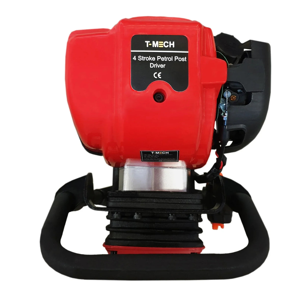 T-Mech 4 Stroke Post Driver in bright red with a sturdy black handle, designed for efficient post installation and outdoor use