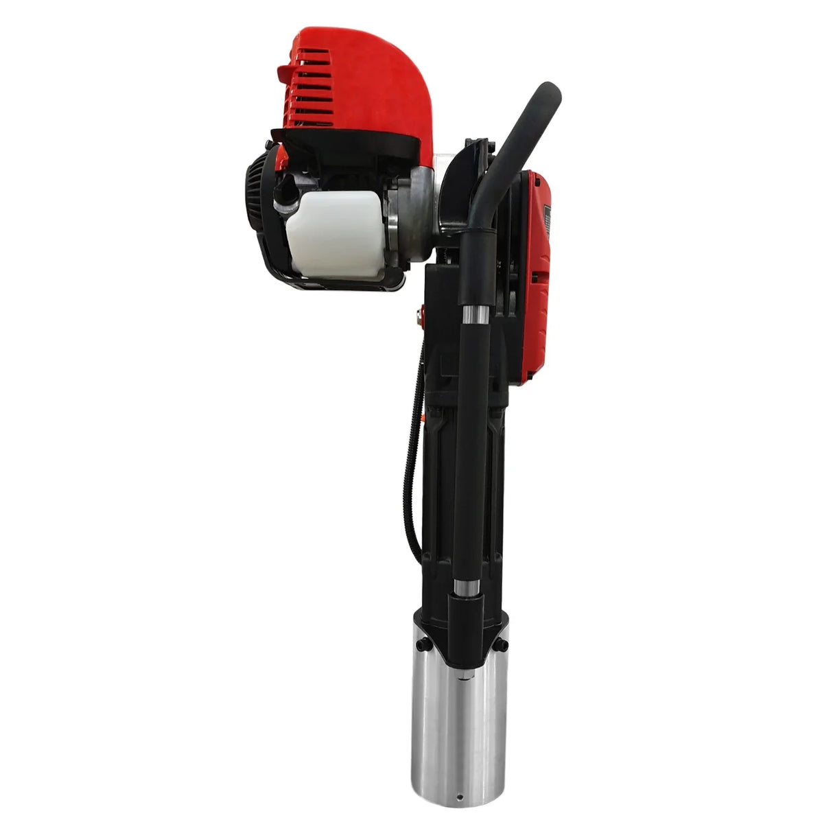 T-Mech 4 Stroke Post Driver with a red engine, black handle, and silver cylindrical base, designed for efficient post driving
