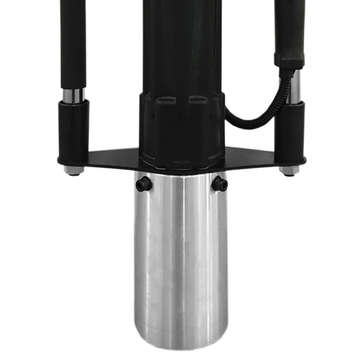 T-Mech 4 Stroke Post Driver with a sleek silver aluminum base, sturdy black handle grips, and durable construction for efficient use