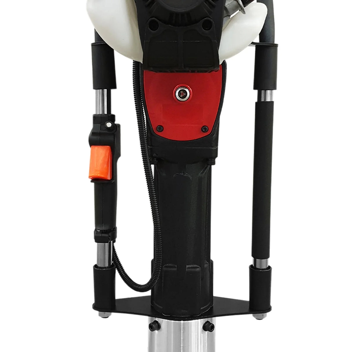 T-Mech 4 Stroke Post Driver with a black and red design, featuring a sturdy handle, trigger, and metal shaft for durability and ease of use
