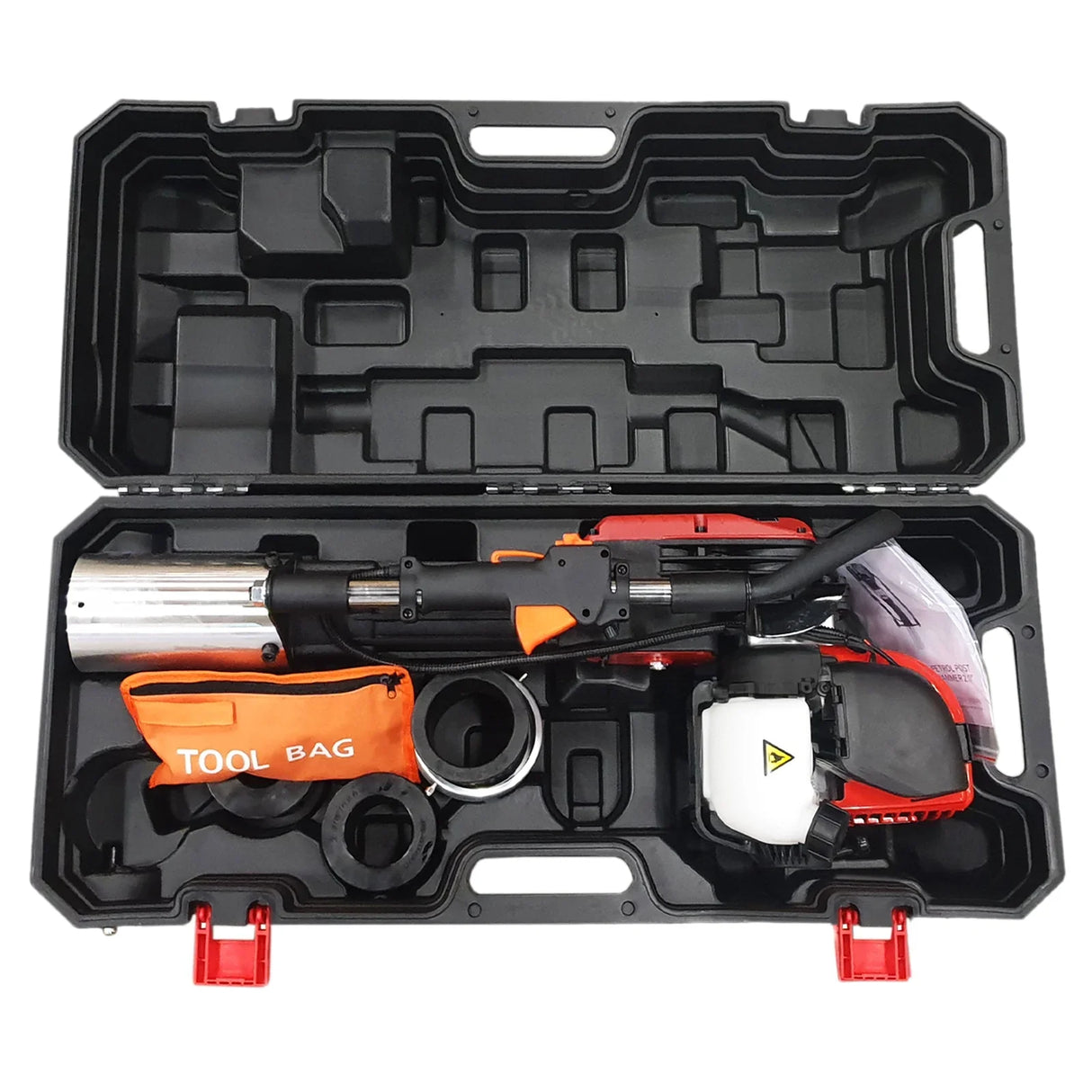 T-Mech 4 Stroke Post Driver in a sturdy black carrying case with an orange tool bag, showcasing its durable metal and plastic components