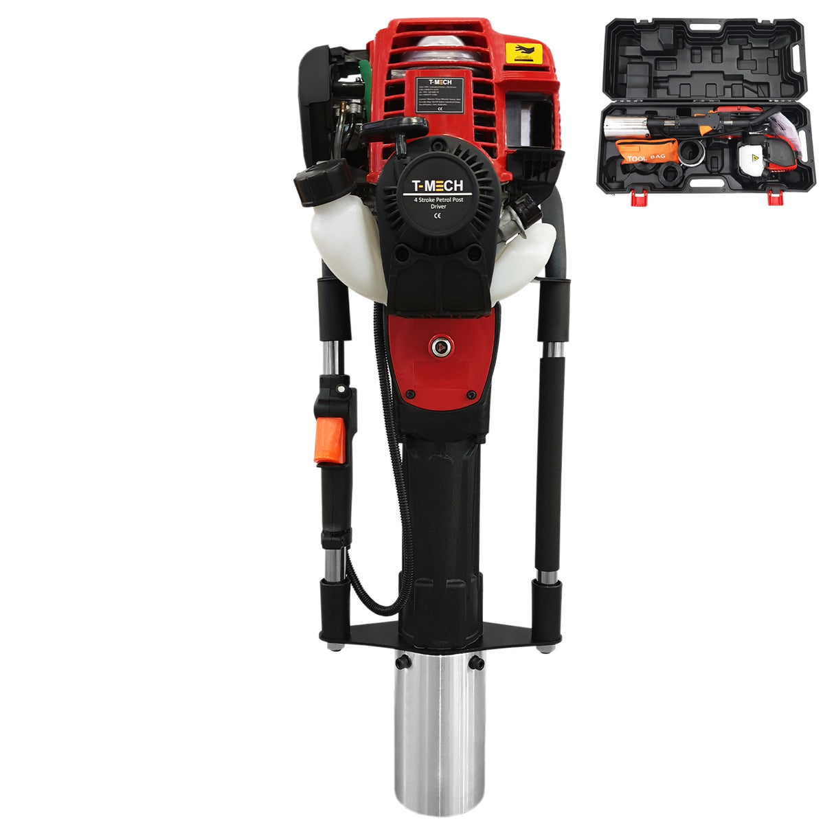 T-Mech 4 Stroke Post Driver with a red and black engine, aluminum shaft, and included carrying case for easy transport and storage